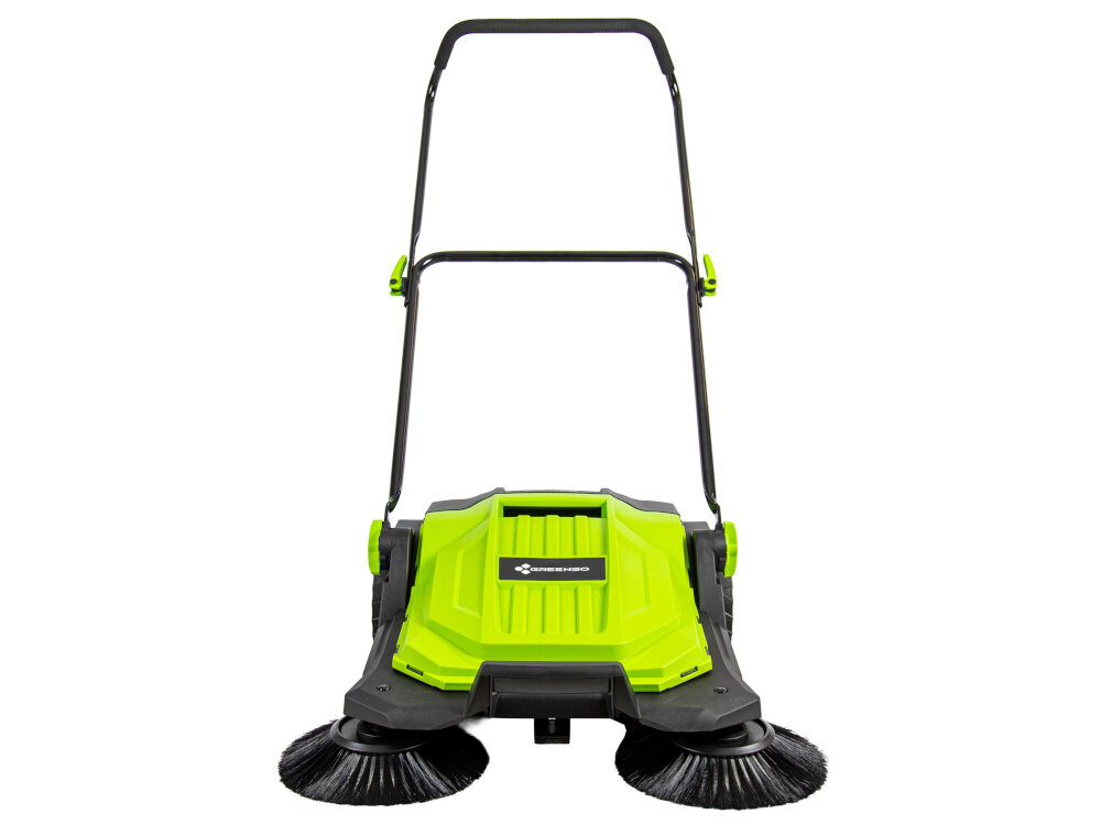 Zamiatarka ręczna GREENSO ZAR65 zamiatarka na białym tle widoczna od przodu szerokość robocza do 650 mm pozwala jednorazowo oczyścić duży pas powierzchni skraca czas sprzątania ogranicza liczbę przejazdów ułatwia szybkie uporządkowanie