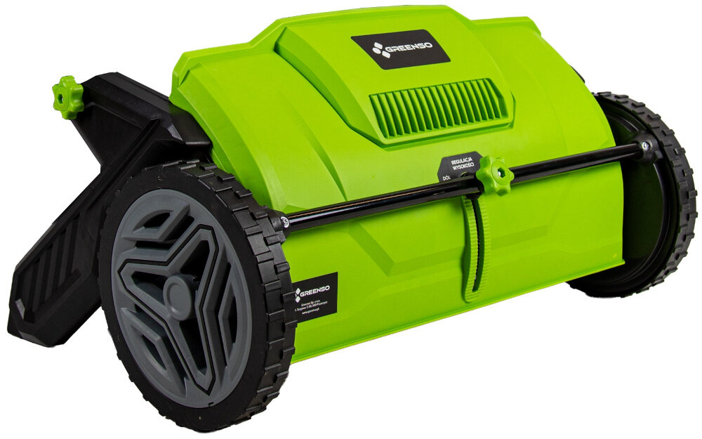 Zbieracz liści GREENSO ZBLR53 zbieracz bez kosza na białym tle widoczny od przodu możliwość zawieszenia oszczędność miejsca lekka konstrukcja o wadze około 6,4 kg ułatwia organizację przestrzeni