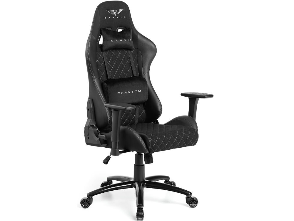 Fotel GAMVIS Phantom Large Czarny (białe elementy) prezentacja fotela od przodu pod kątem na białym tle welurowe poduszki pod lędźwie i kark odciążenie kręgosłupa