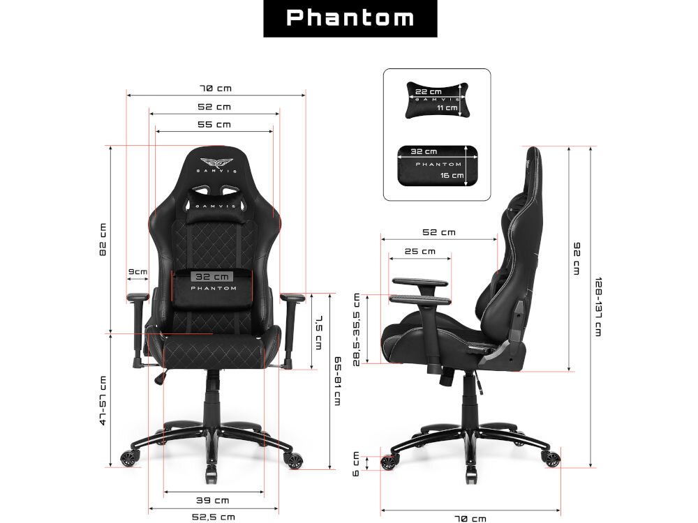 Fotel GAMVIS Phantom Large Czarny (białe elementy) prezentacja fotela od przodu i od boku na białym tle wymiary stabilność