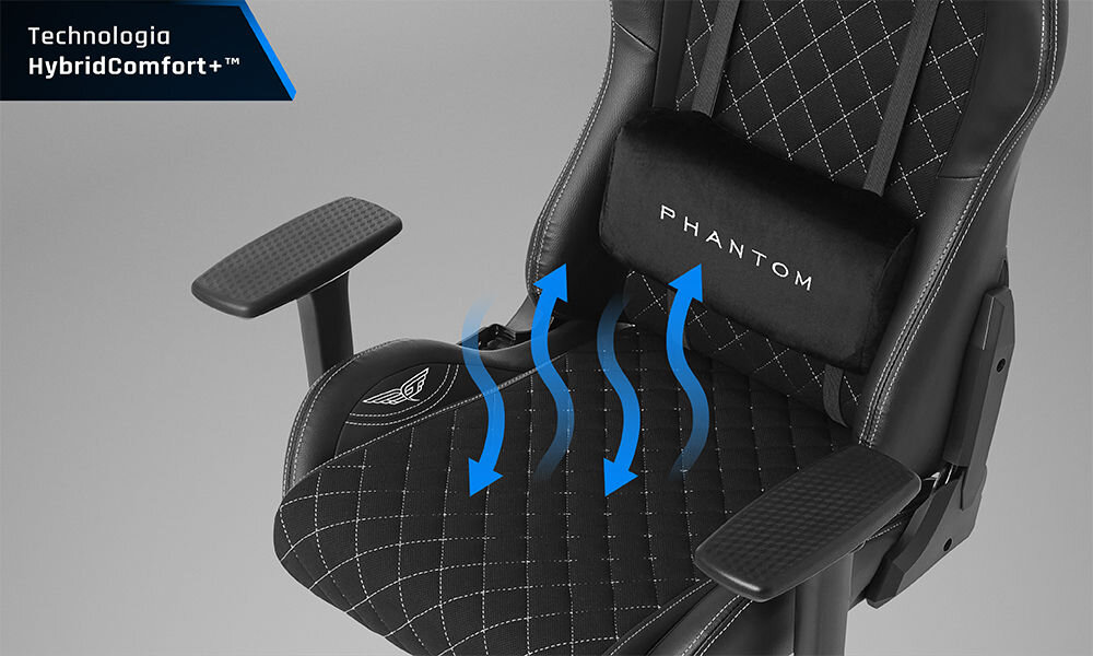 Fotel GAMVIS Phantom Large Czarny (białe elementy) wizualizacja wentylacji fotela zbliżenie na siedzisko szare tło napis z technologią swobodny przepływ powietrza HybridComfort+ wygoda eliminacja efektu przyklejania się