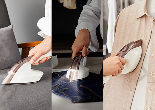 Prasowanie tapicerki, spodni i koszuli z pomocą parownicy ze stacji do prasowania QT1811.