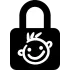 Ikona przedstawia białą kłódkę z uśmiechniętą buźką na czarnym tle.