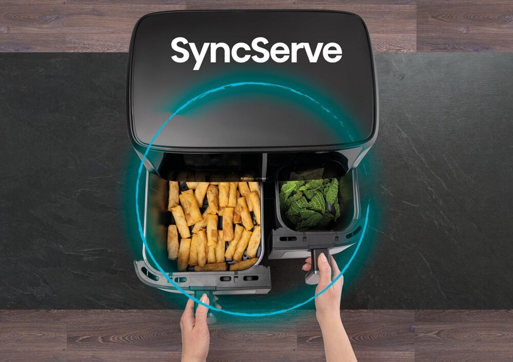 Air Fryer Frytkownica beztłuszczowa HISENSE HAF2700DCD synchronizacja obu koszy, inteligentne funkcje, dopasowanie czasu dla onu koszy, gorące i świeże potrawy