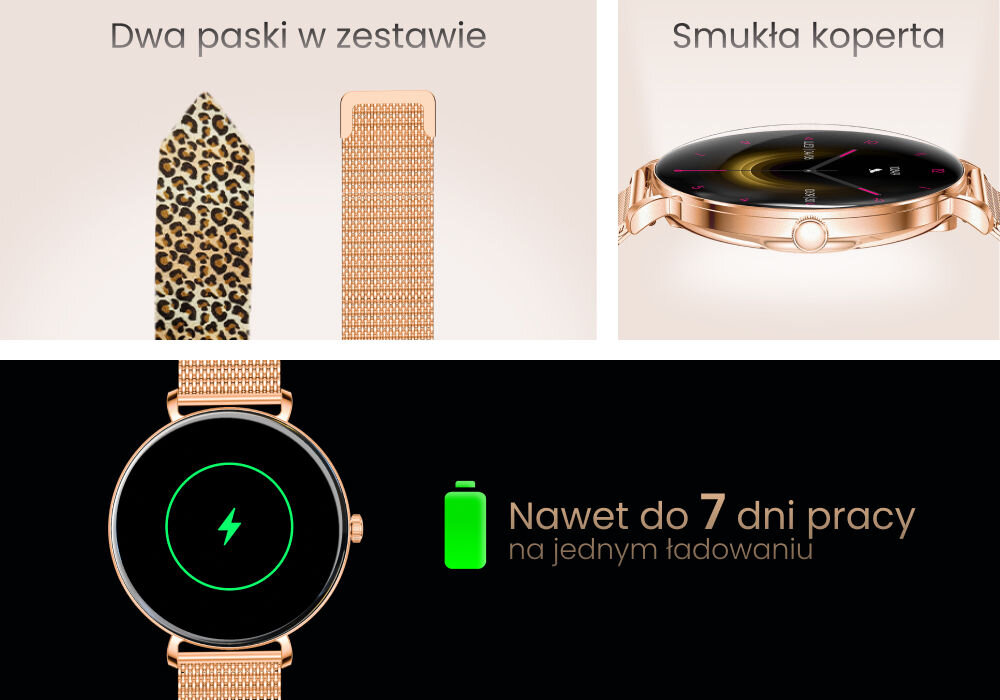 Smartwatch FOREVER SB-370 Lucca Różowe złoto + Pasek w panterkę Kolaż informacyjny: u góry widok dwóch pasków do smartwatcha (Dwa paski w zestawie: mesh i panterka) oraz boku zegarka (Smukła koperta). Na dole wizualizacja baterii z informacją: Nawet do 7 dni pracy na jednym ładowaniu