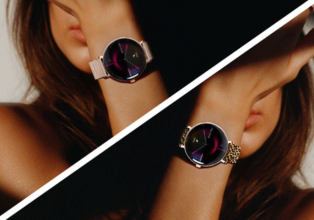Smartwatch FOREVER SB-370 Lucca Różowe złoto + Pasek w panterkę Dwa smartwatche Lucca na nadgarstkach kobiety. Górny model ma bransoletę mesh w kolorze różowego złota, a dolny pasek z motywem panterki, podkreślając opcje stylizacyjne