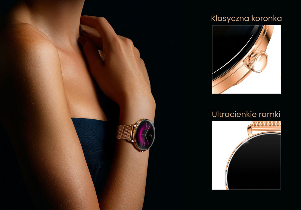 Smartwatch FOREVER SB-370 Lucca Różowe złoto + Pasek w panterkę Kobieta w czarnym ubraniu ma na nadgarstku smartwatch Lucca w kolorze różowego złota. Dwa zbliżenia po prawej stronie podkreślają detale: Klasyczna koronka i Ultracienkie ramki