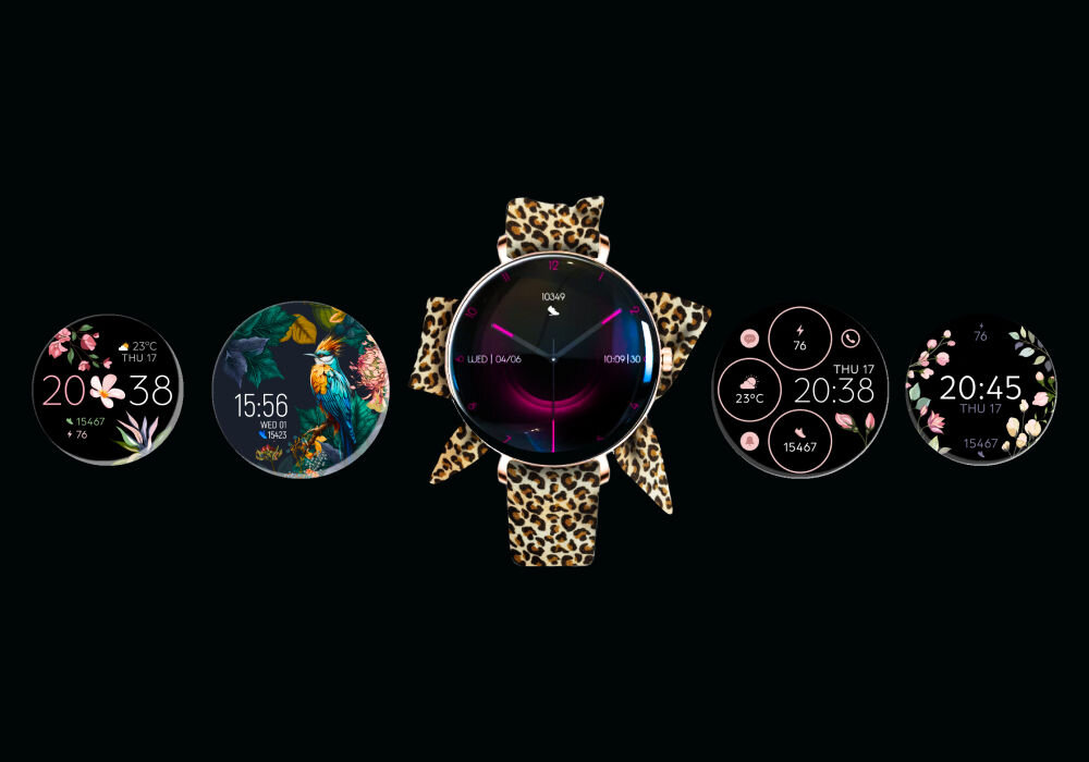 Smartwatch FOREVER SB-370 Lucca Różowe złoto + Pasek w panterkę Smartwatch Lucca z paskiem w panterkę otoczony pięcioma różnymi tarczami zegarka (watch face'ami) w stylu kwiatowym, egzotycznym i cyfrowym, prezentując opcje personalizacji