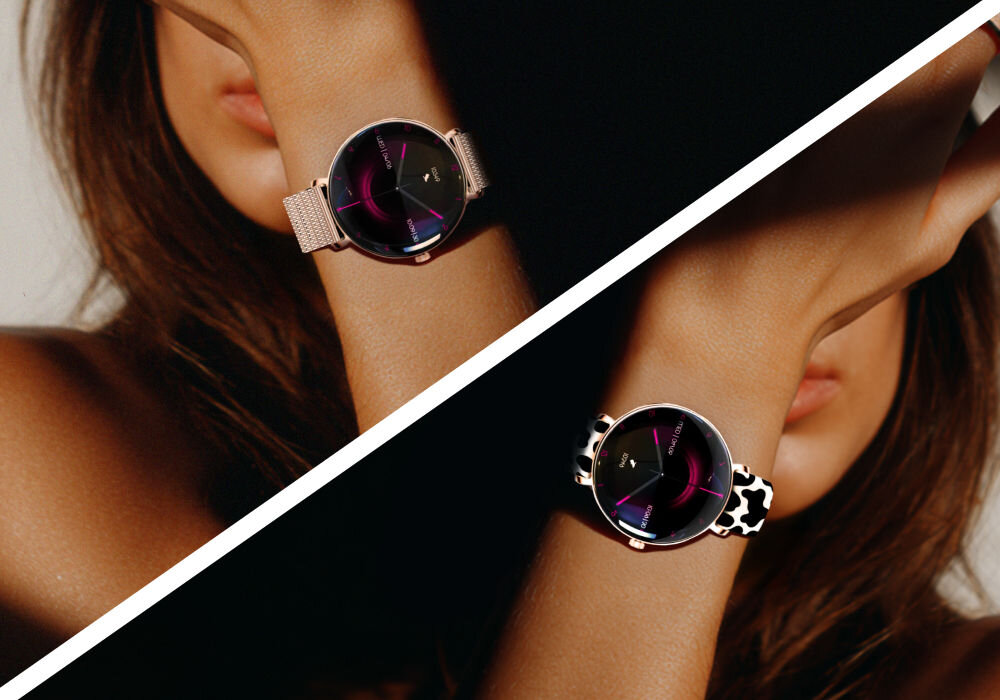 Smartwatch FOREVER SB-370 Lucca Różowe złoto + Pasek łaciaty Dwa smartwatche na nadgarstkach kobiety, ułożone ukośnie. Górny model ma bransoletę mesh w kolorze różowego złota, a dolny pasek z czarno-białym wzorem w łaty, prezentując opcje personalizacji