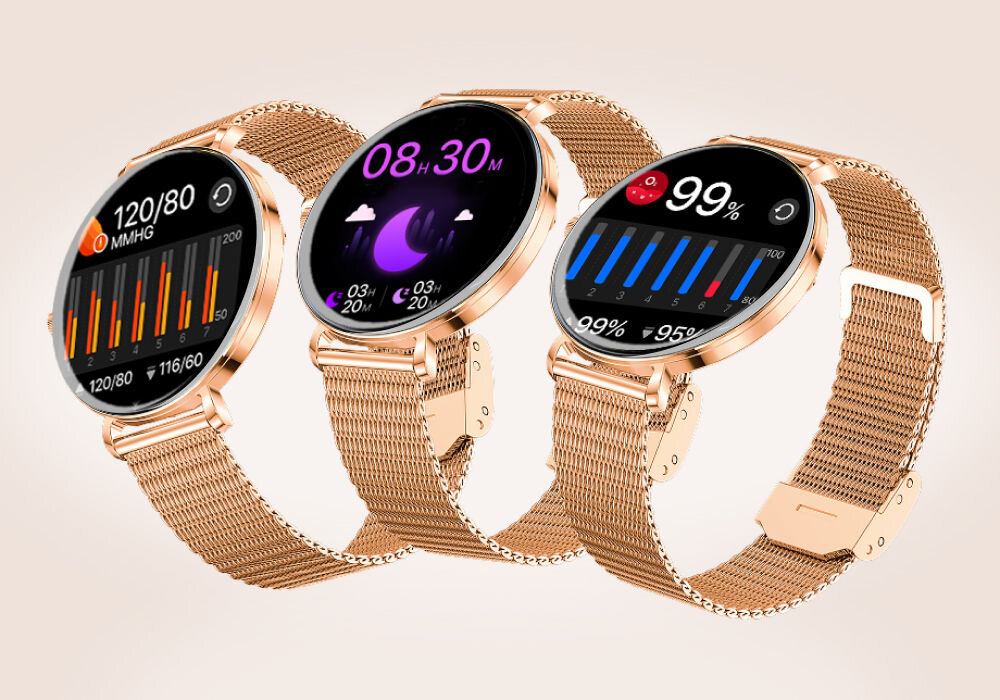 Smartwatch FOREVER SB-370 Lucca Różowe złoto + Pasek łaciaty Trzy smartwatche Lucca w kolorze różowego złota. Tarcze zegarków wyświetlają kolejno: pomiar ciśnienia krwi, monitorowanie snu (8 godzin 30 minut) oraz pomiar saturacji i tętna