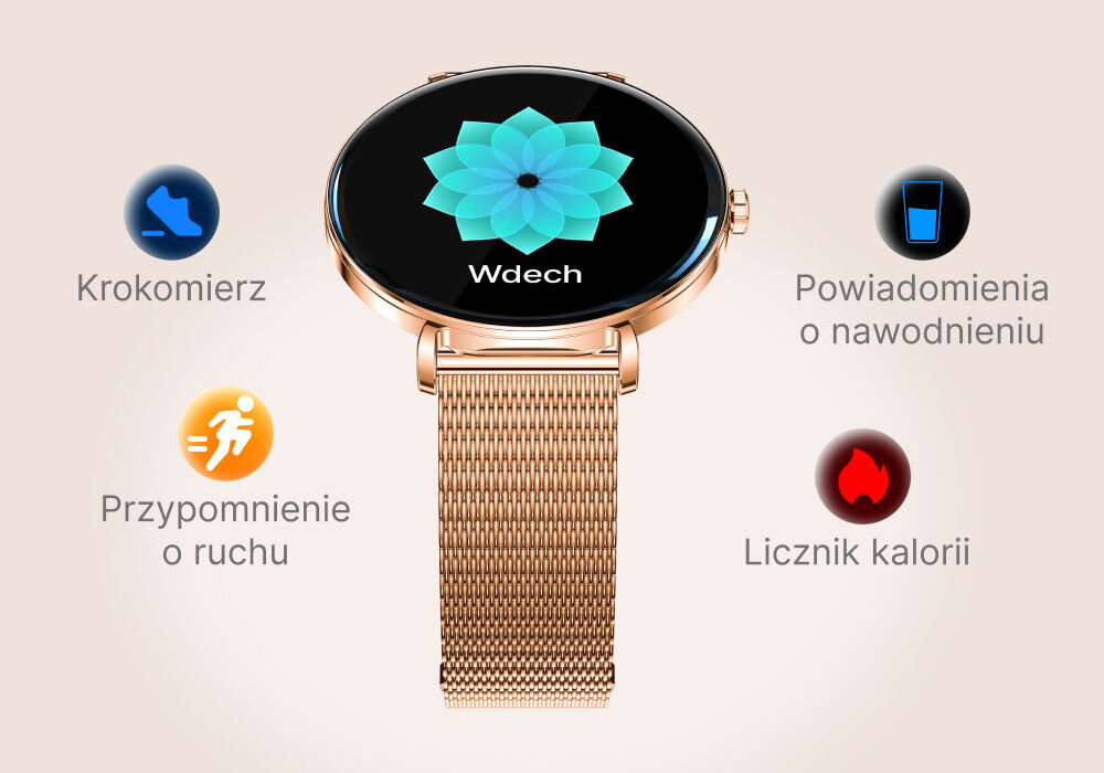 Smartwatch FOREVER SB-370 Lucca Różowe złoto + Pasek łaciaty Smartwatch Lucca wyświetlający funkcję ćwiczeń oddechowych (Wdech). Obok tarczy zegarka widoczne są ikony i napisy promujące funkcje: Krokomierz, Powiadomienia o nawodnieniu, Przypomnienie o ruchu i Licznik kalorii