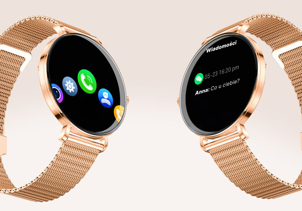 Smartwatch FOREVER SB-370 Lucca Różowe złoto + Pasek łaciaty Dwa smartwatche Lucca prezentujące funkcje komunikacyjne. Lewy zegarek wyświetla ikony aplikacji, a prawy powiadomienie o wiadomości tekstowej
