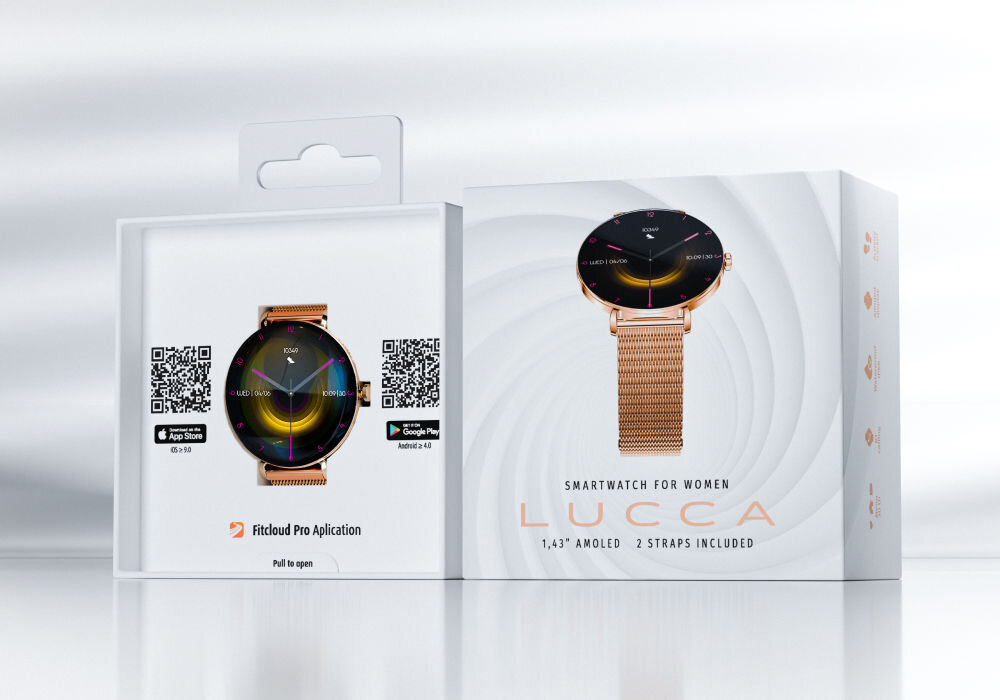 Smartwatch FOREVER SB-370 Lucca Różowe złoto + Pasek łaciaty Opakowanie smartwatcha Lucca dla kobiet. Na pudełku widoczne są informacje: 1,43 AMOLED, 2 STRAPS INCLUDED oraz kody QR do pobrania aplikacji Fitcloud Pro