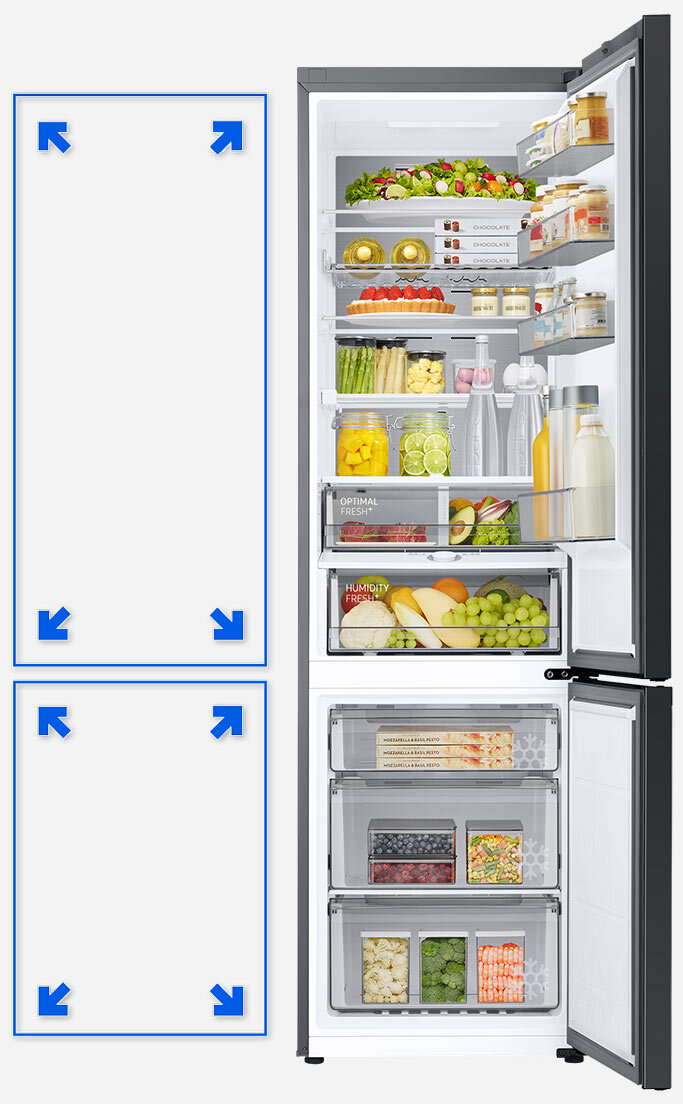 Grafika pokazuje jak wzrosła pojemność w komorach lodówki Bespoke Grafika pokazuje jak wzrosła pojemność w komorach lodówki Bespoke