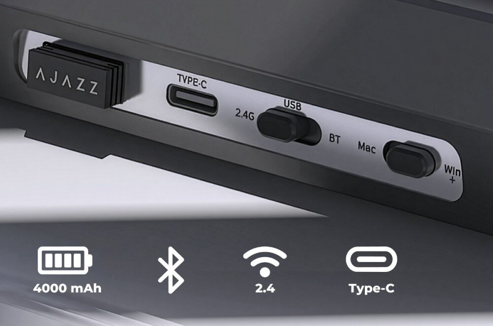 Klawiatura AJAZZ AK820 Pro RGB Panel tylny klawiatury z portem USB-C, przełącznikiem trybów połączenia oraz systemem operacyjnym, a poniżej ikony baterii 4000 mAh i technologii łączności, łączność, podłączenie, akumulator