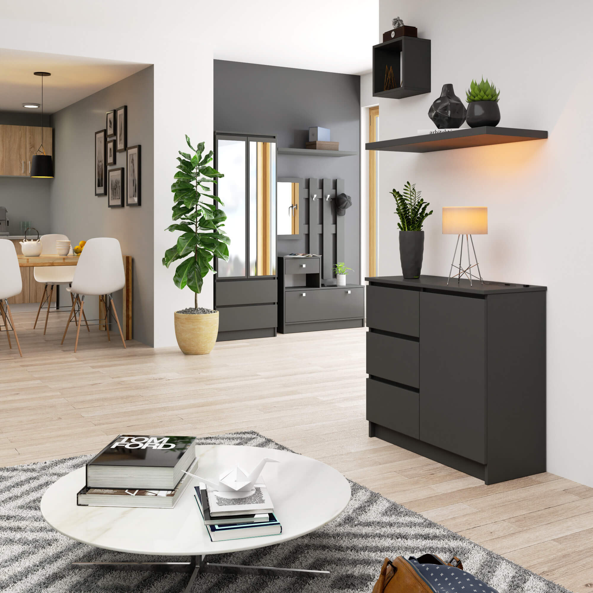 Komoda AKORD JERRY Grafit Szary 80 cm 1 drzwi 3 szuflady kolor Grafit Szary mat 2 półki 80x35x77 cm - Sklep.akord.net.pl - AKORD Meble