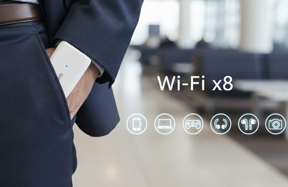 Modem D-LINK DWM-222W/R Fragment garnituru mężczyzny z kieszeni którego wystaje małe białe urządzenie z niebieską diodą, obok napis 'Wi-Fi x8' oraz ikony symbolizujące różne urządzenia elektroniczne