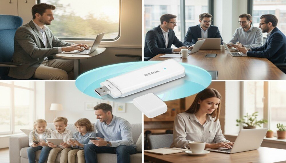 Modem D-LINK DWM-222W/R Kompozycja zdjęć przedstawiająca cztery sytuacje użycia urządzenia: mężczyzna pracujący w pociągu, grupa osób w biurze, rodzina korzystająca z tabletów w domu oraz kobieta pracująca przy laptopie, pośrodku widoczne białe urządzenie z odłączoną zatyczką