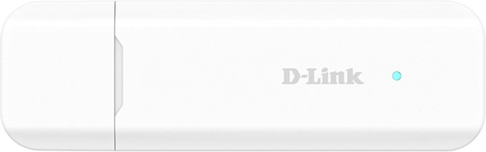 Modem D-LINK DWM-222W/R Widok z przodu na białe urządzenie z małą niebieską diodą po prawej stronie i logo producenta pośrodku obudowy