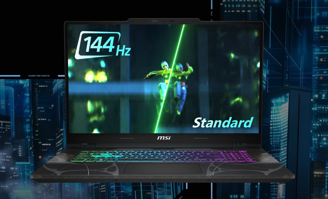 Laptop MSI Cyborg z ekranem 144 Hz wyświetla dynamiczną scenę, podkreślając płynność rozgrywki - Matryca IPS 17,3 Full HD.