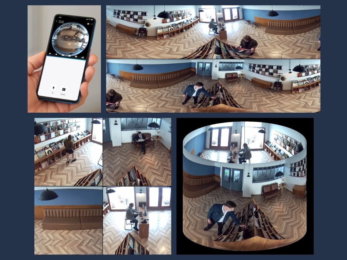 Kamera REOLINK Fisheye Series P520 Wewnętrzna, LAN / P2P, syrena, odstraszanie, ochrona, reagowanie, Zestaw kadrów z kamery Reolink typu rybie oko, różne ujęcia wnętrza sklepu muzycznego, widoczni ludzie, telefon z aplikacją monitoringu pokazującą obraz na żywo.