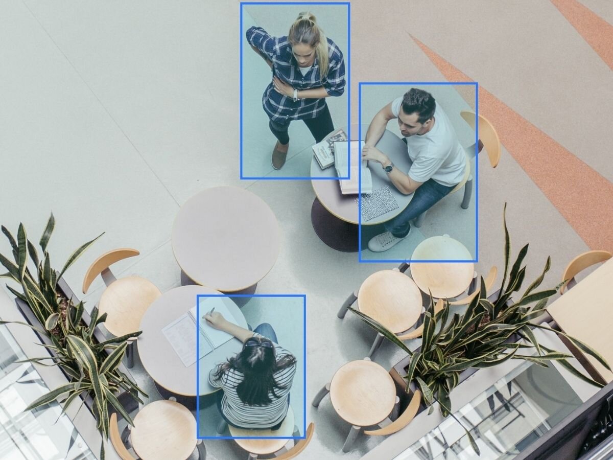 Kamera REOLINK Fisheye Series P520 Wewnętrzna, LAN / P2P, kabel, sieć, RJ45, wygoda, Widok z góry na trzy osoby siedzące przy oddzielnych stolikach w jasnym pomieszczeniu, każda osoba zaznaczona niebieskim prostokątem.