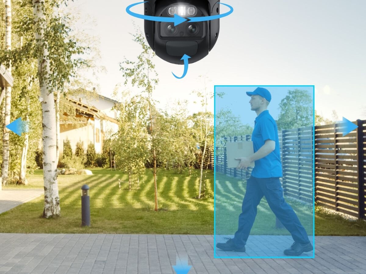 Kamera REOLINK Trackmix Series G770 Zewnętrzna, LTE / P2P, Kamera obrotowa, samoczynnie, podąża, kadr, scena, Kurier niosący paczkę idzie przez ogród, postać zaznaczona niebieskim prostokątem, wokół niego strzałki symbolizujące ruch kamery panoramicznej