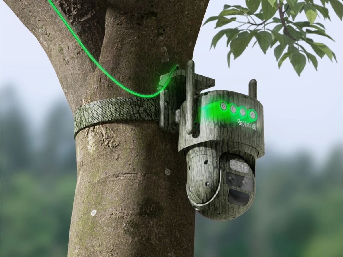 Kamera REOLINK Trackmix Series G770 Zewnętrzna, LTE / P2P, Kamera obrotowa, bezprzewodowe, umiejscowienie, panel, słoneczny, Kamera monitoringu Reolink w kamuflażowej wersji zamontowana na drzewie, z widoczną zieloną diodą na obudowie i kablem zasilającym.