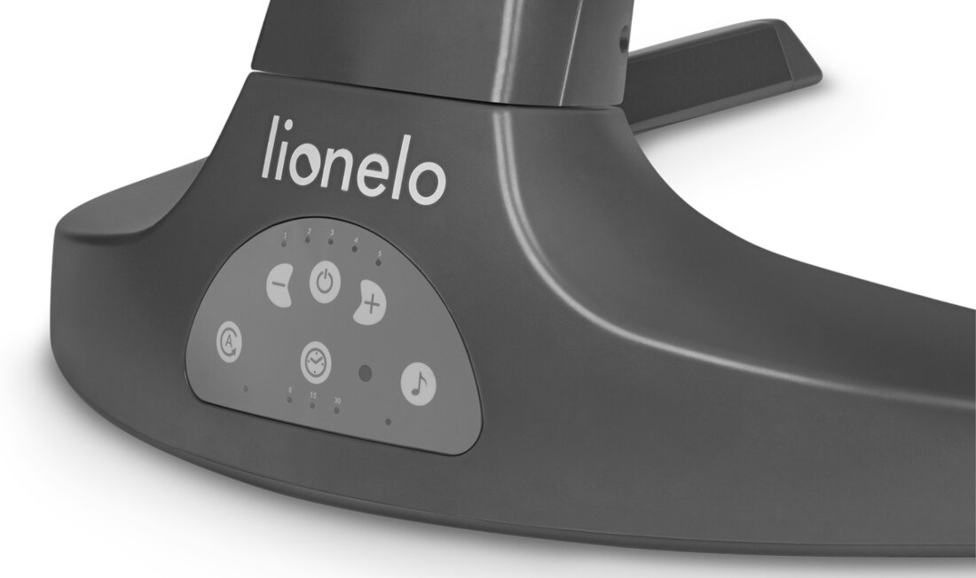 Ciemnoszara podstawa bujaczka z widocznym logo \'lionelo\' oraz panelem sterowania z ikonami przedstawiającymi funkcje takie jak czas, głośność i muzyka.