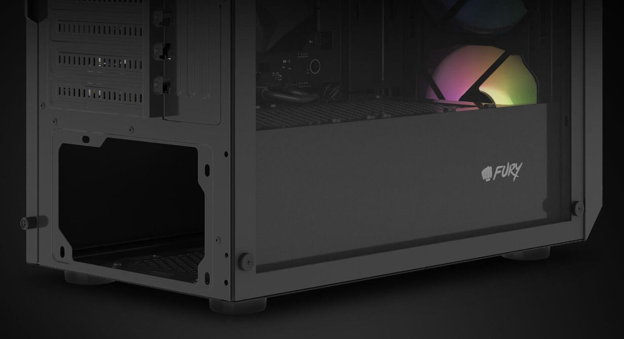 Obudowa FURY Shobo SH4F RGB dwukomorowa budowa konstrukcja oddzielna przestrzeń na zasilacz przepusty na kable łatwe zarządzanie komponentami