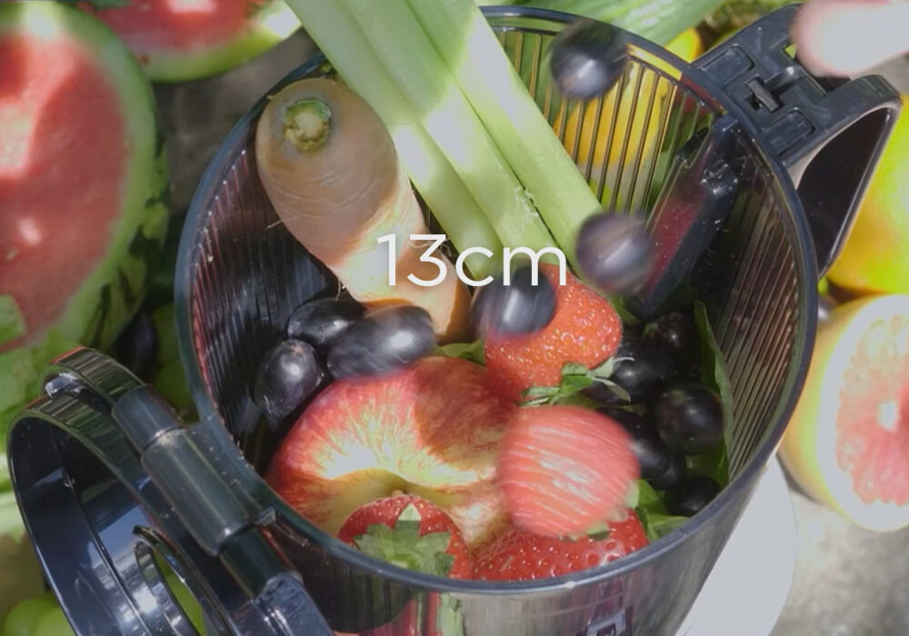 Wyciskarka wolnoobrotowa CONCEPT Juicy LO7120 Czarno-grafitowy napis 13 cm duży otwór wlotowy bez krojenia całe owoce całe warzywa szybkie wyciskanie soku zdrowe odżywianie