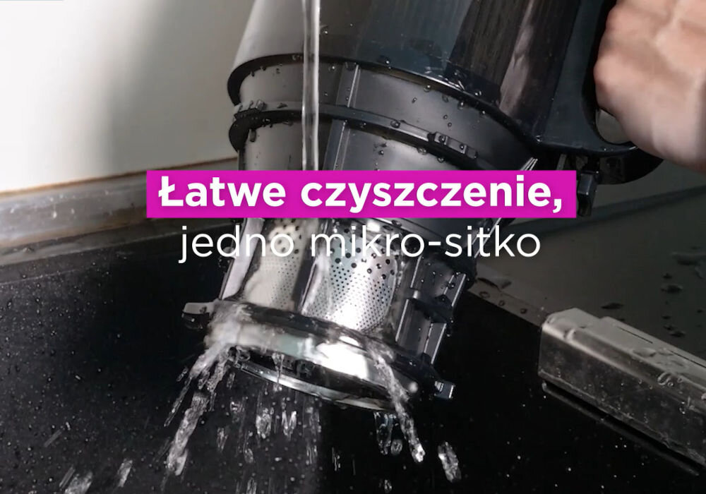 Wyciskarka wolnoobrotowa CONCEPT Juicy LO7120 Czarno-grafitowy napisz łatwe czyszczenie jedno mikro-sitko mycie sita pod bieżącą wodą kompaktowy filtr łatwe mycie bez szorowania