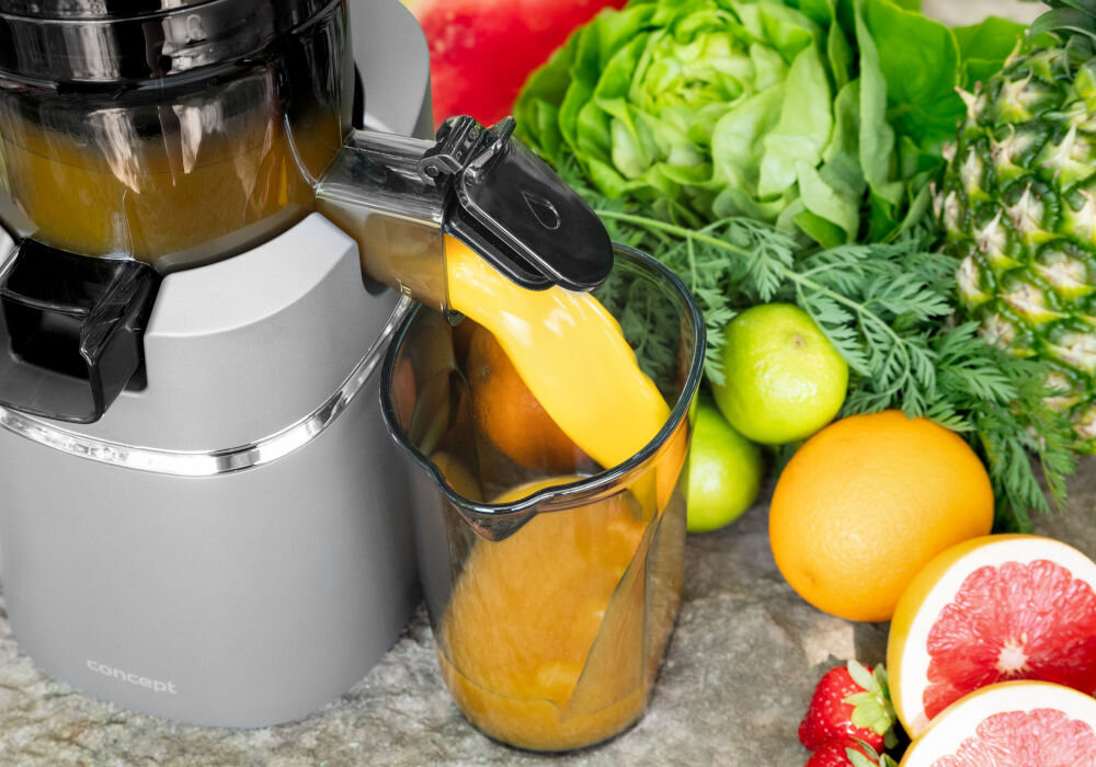 Wyciskarka wolnoobrotowa CONCEPT Juicy LO7120 Czarno-grafitowy sok wylewający się do pojemnika drobne owoce delikatne owoce klarowny sok silnik 250 W