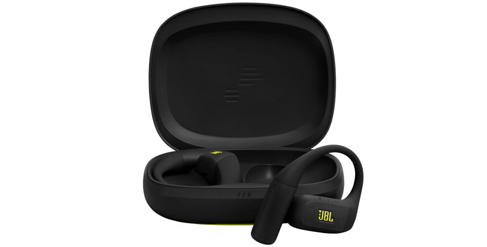 JBL Endurance Zone silikonowa konstrukcja wygoda niska waga słuchawki z etui ładującym od frontu na białym tle