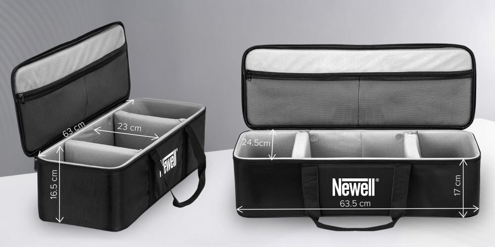 Na obrazie widoczne są dwie czarne torby z logo \'Newell\', z otwartymi pokrywami ukazującymi wnętrze z przegrodami. Na torbach znajdują się wymiary: 63 cm, 23 cm, 16.5 cm oraz 63.5 cm, 24.5 cm, 17 cm.