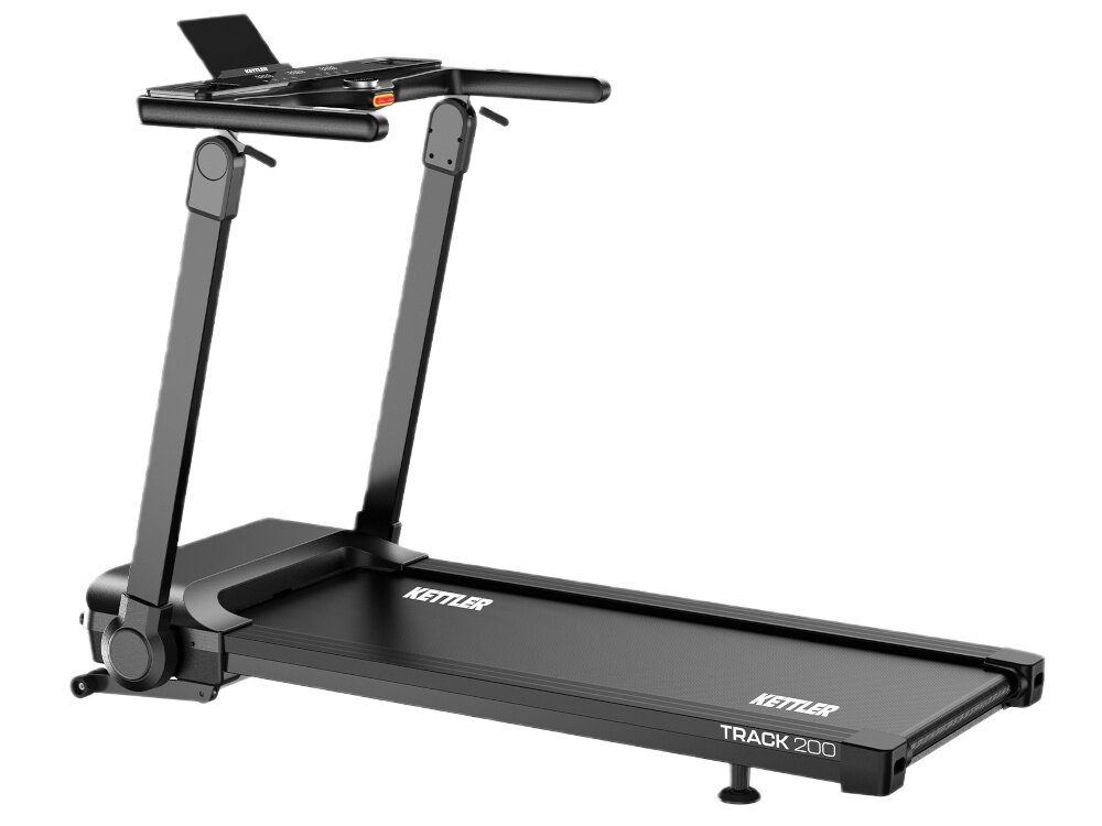 Bieżnia elektryczna KETTLER Track 200 1471W 16 km-h bieżnia na białym tle widoczna od tyłu pod skosem stabilna konstrukcja wstępnie zmontowane montaż około 15 minut sterowanie przy poręczy czujniki tętna z możliwością podłączenia opcjonalnego pasa piersiowego