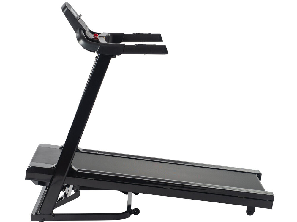 Bieżnia elektryczna KETTLER Track 100 1287W 16 km-h bieżnia na białym tle widoczna z boku regulacja nachylenia w zakresie 0-10% ze stopniowaniem co 1% dopasowanie intensywności do aktualnej formy i planu treningowego funkcja nachylenia angażuje mięśnie nóg wspiera rozwój wytrzymałości pomaga zwiększyć wydatek energetyczny