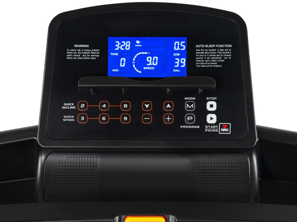 Bieżnia elektryczna KETTLER Track 100 1287W 16 km-h zbliżenie na wyświetlacz widok od przodu wyświetlacz LCD czas treningu prędkość (km/h) przebyty dystans (km) spalone kalorie (kcal) nachylenie (%) tętno można kontrolować intensywność i postępy treningu