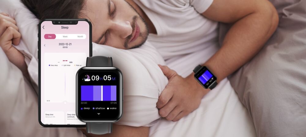 Smartwatch Bemi EXO człowiek śpi i pomiar snu w aplikacji