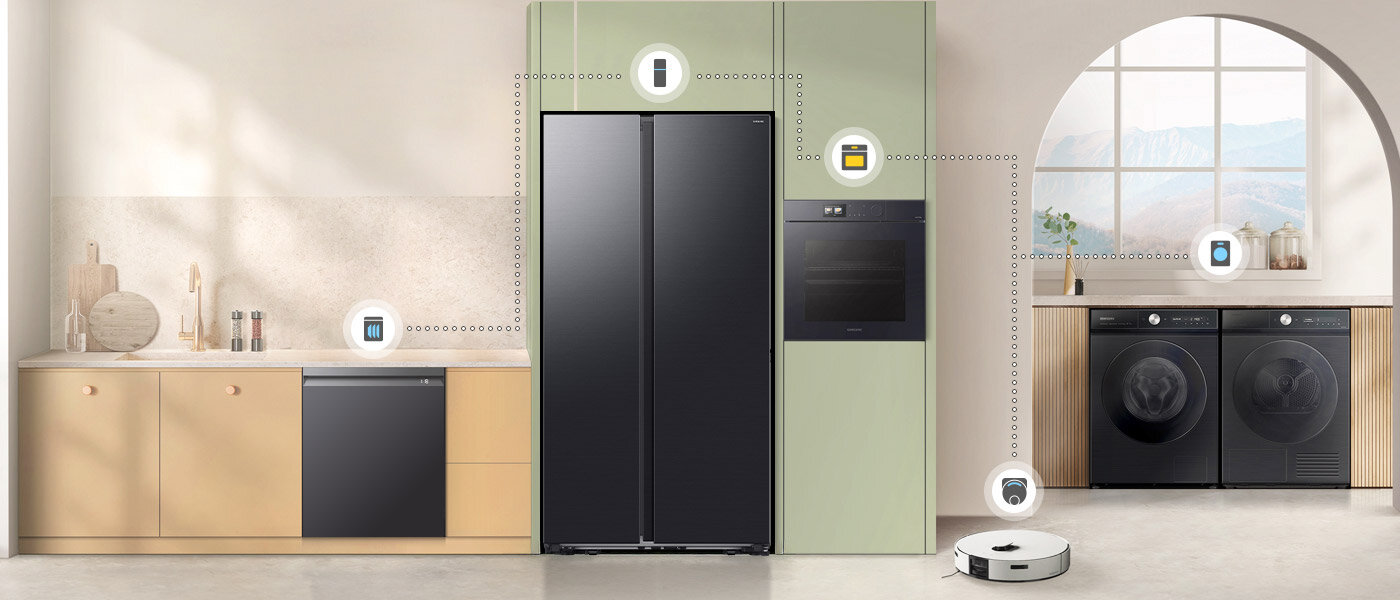 Na zdjęciu kuchnia a w niej rozmieszczone sprzęty AGD które współdziałają ze sobą co symbolizują łączące je linie