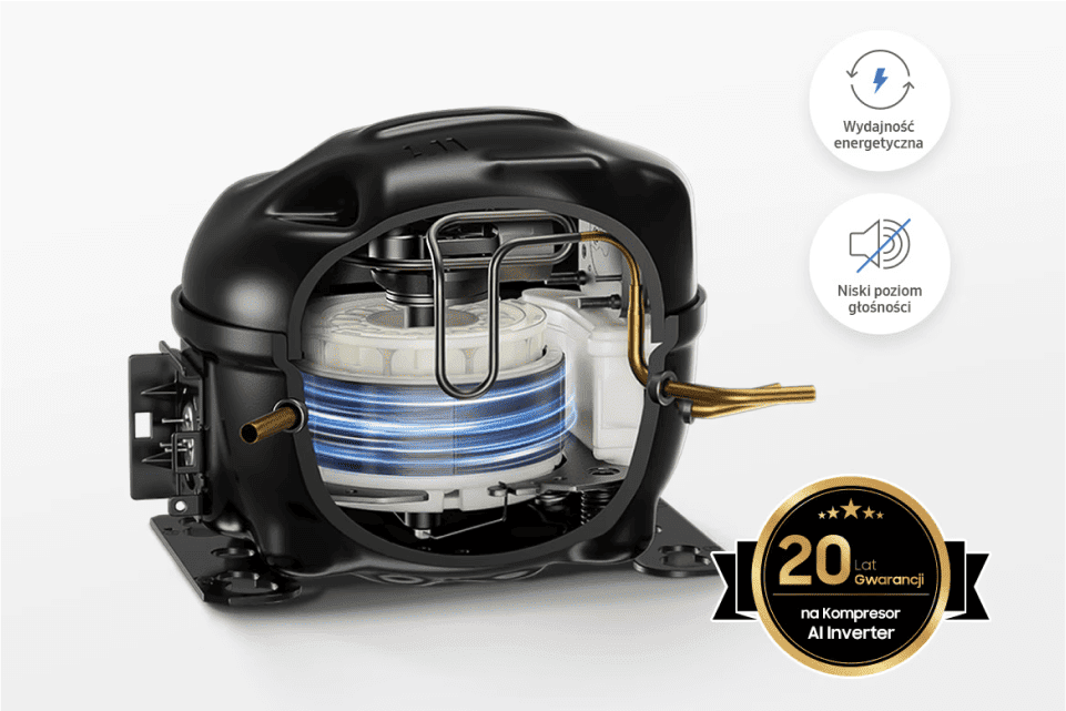 Grafika przedstawia przekrój silnika inweterowego, wraz z informacją o 20 letniej gwarancji na niego.