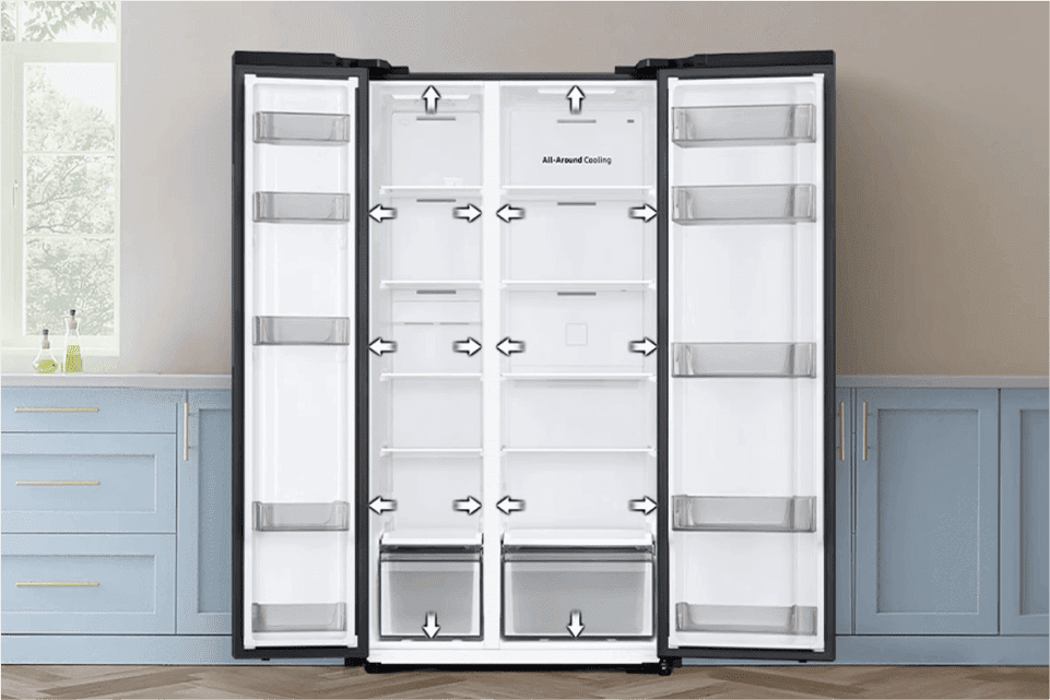 Zdjęcie przedstawia kuchnie w której stoi otwartą lodówka a w niej strzałki symbolizujące dużo przestrzeni