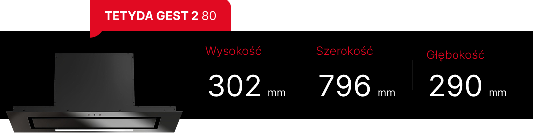 OKAP MAAN TETYDA GEST 2 80 CZARNA zdjęcie wymiarów 896mm 302mm 290mm dyskretna forma zabudowa sterowanie gestem wydajność