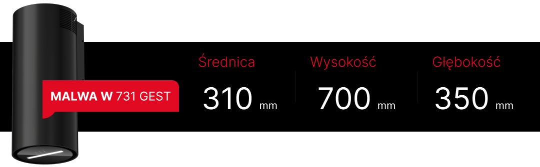 MAAN Malwa W 731 Gest czarny okap przyścienny typu tuba w kuchni otwartej