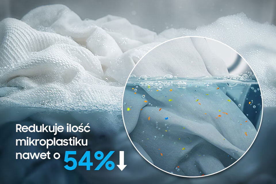 redukcja mikroplastik usp Redukcja mikroplastiku o 54% w wodzie podczas prania, z widocznymi cząstkami plastiku.