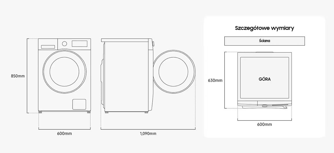 Szczegółowe wymiary pralki WW10FG5U34AEEO Schemat pralki Samsung z wymiarami: wysokość 850 mm, szerokość 600 mm, głębokość 1090 mm, oraz widok z góry 630 mm.