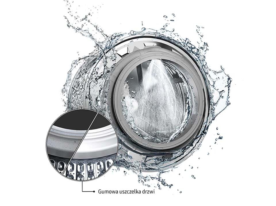 Funkcja Czyszczenie bębna Wnętrze pralki Samsung z funkcją czyszczenia bębna i gumowej uszczelki strumieniem wody.
