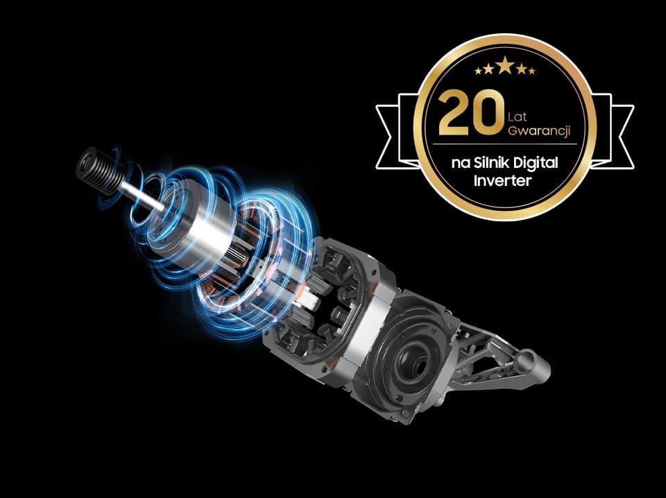 Silnik Digital Inverter™ pralki Samsung WW10FG6U34LKU4 Przekrój silnika inwerterowego oraz czarno złoty sticker informujący że jest on objęty 20 letnią gwarancją