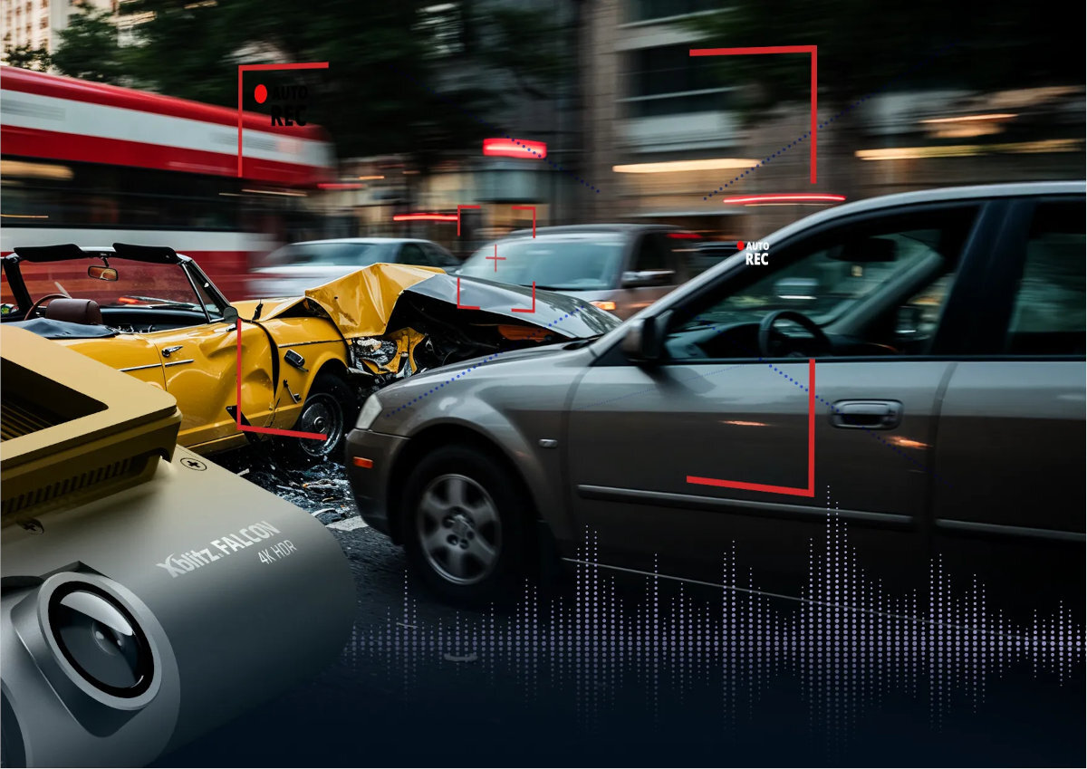 XBLITZ Falcon wbudowanemu czujnikowi G Xblitz Falcon wstrząsy, gwałtowne hamowanie czy stłuczki blokuje bieżące nagranie, chroniąc je przed nadpisaniem - Skutki kolizji samochodów, rejestracja zdarzenia w ruchu miejskim