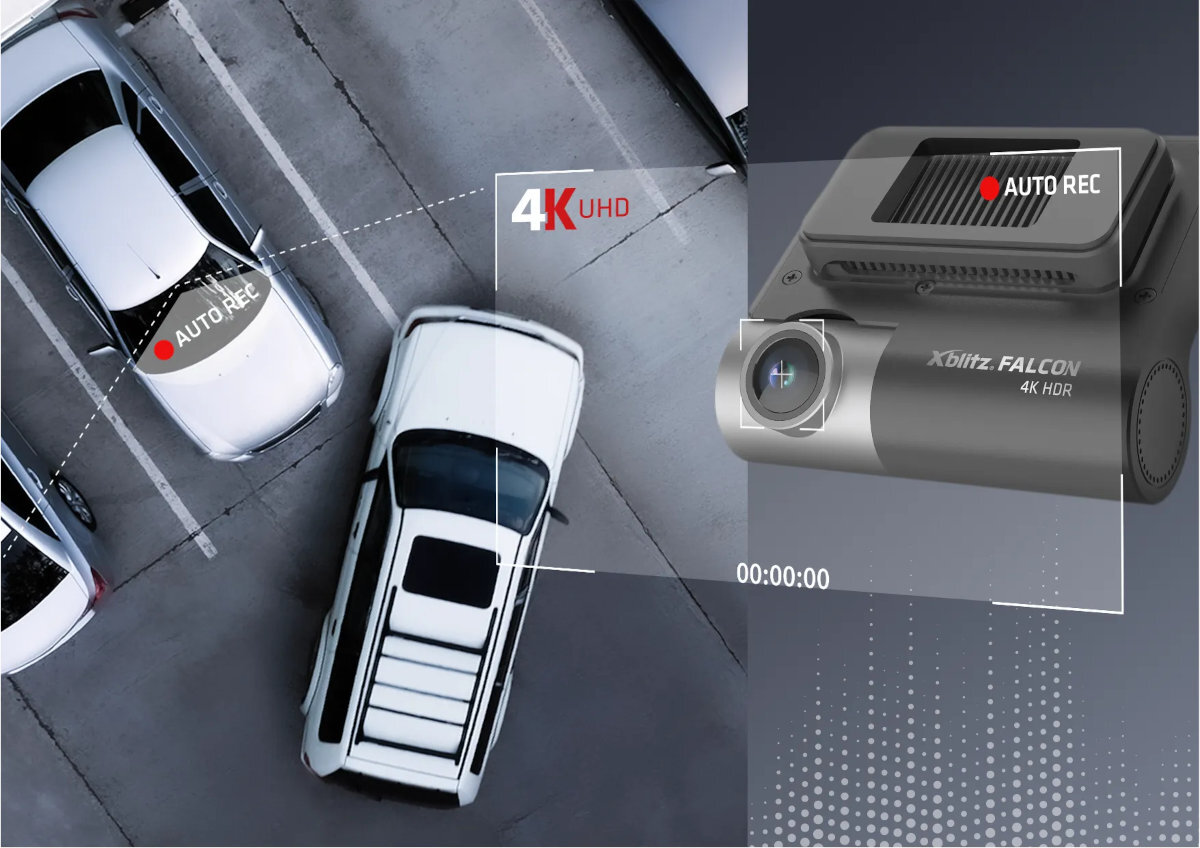 XBLITZ Falcon Xblitz Falcon rejestruje obraz również podczas postoju samochodu funkcji detekcji ruchu wykryje poruszający się obiekt - Widok z góry na samochody zaparkowane na parkingu, wykrywanie zdarzeń i rejestracja nagrań w rozdzielczości 4K UHD